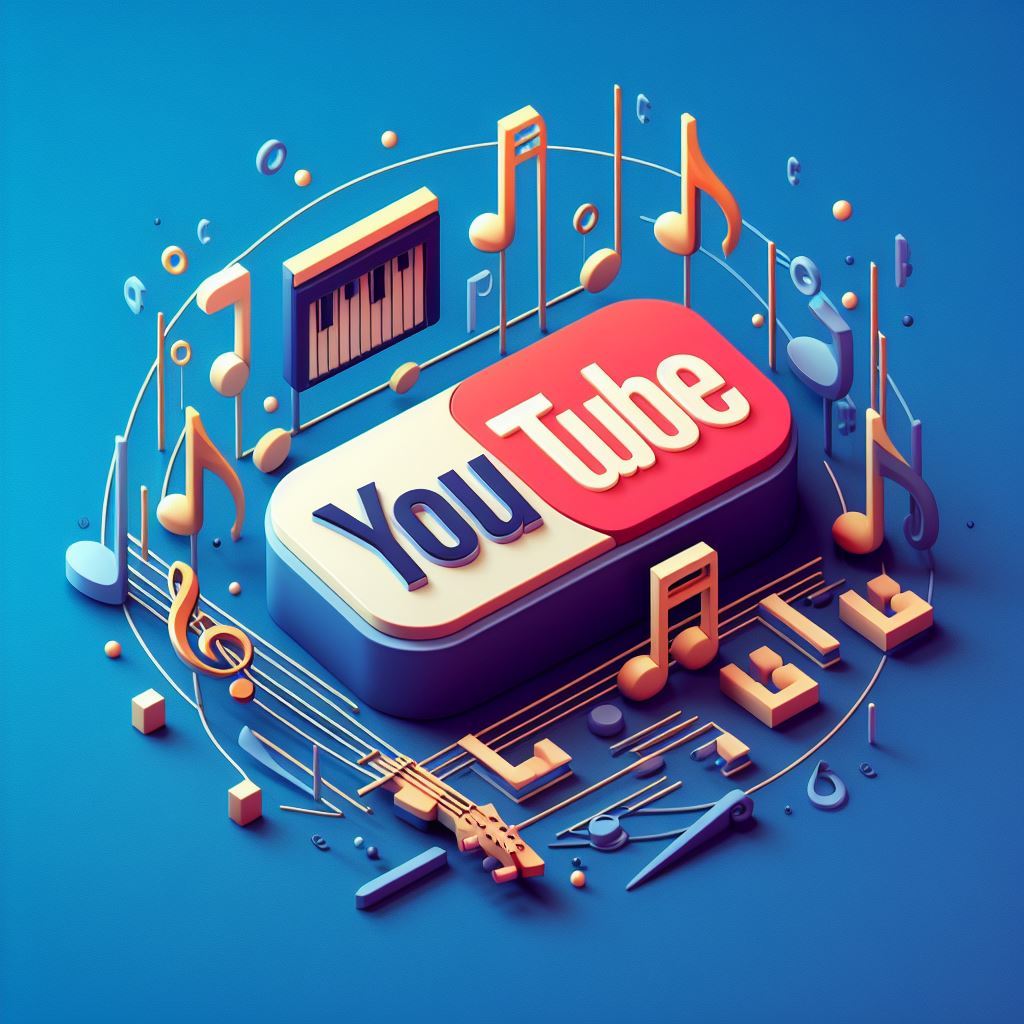 3D YouTube logo with musical notes on a blue background.