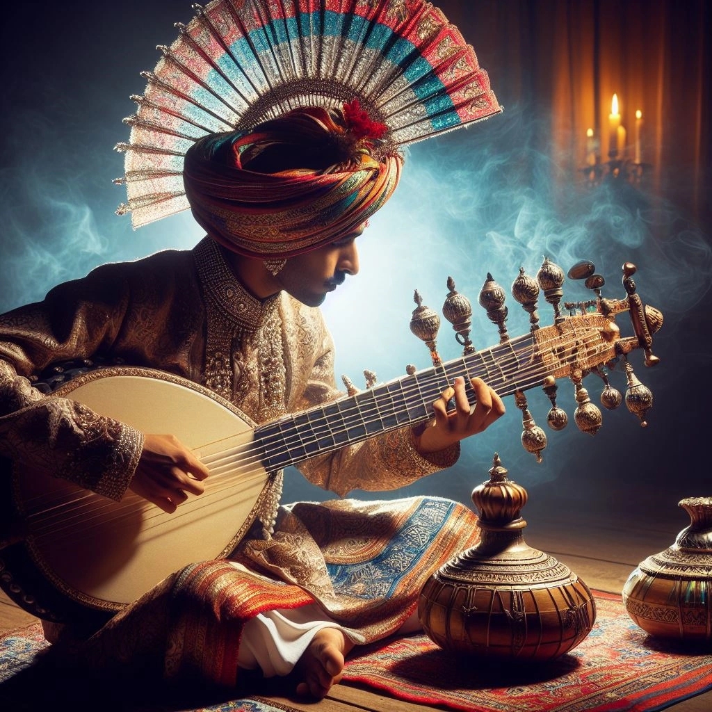 Un musicien en tenue traditionnelle joue d’un instrument à cordes orné, assis au sol avec des bougies allumées en arrière-plan créant une atmosphère mystique.
